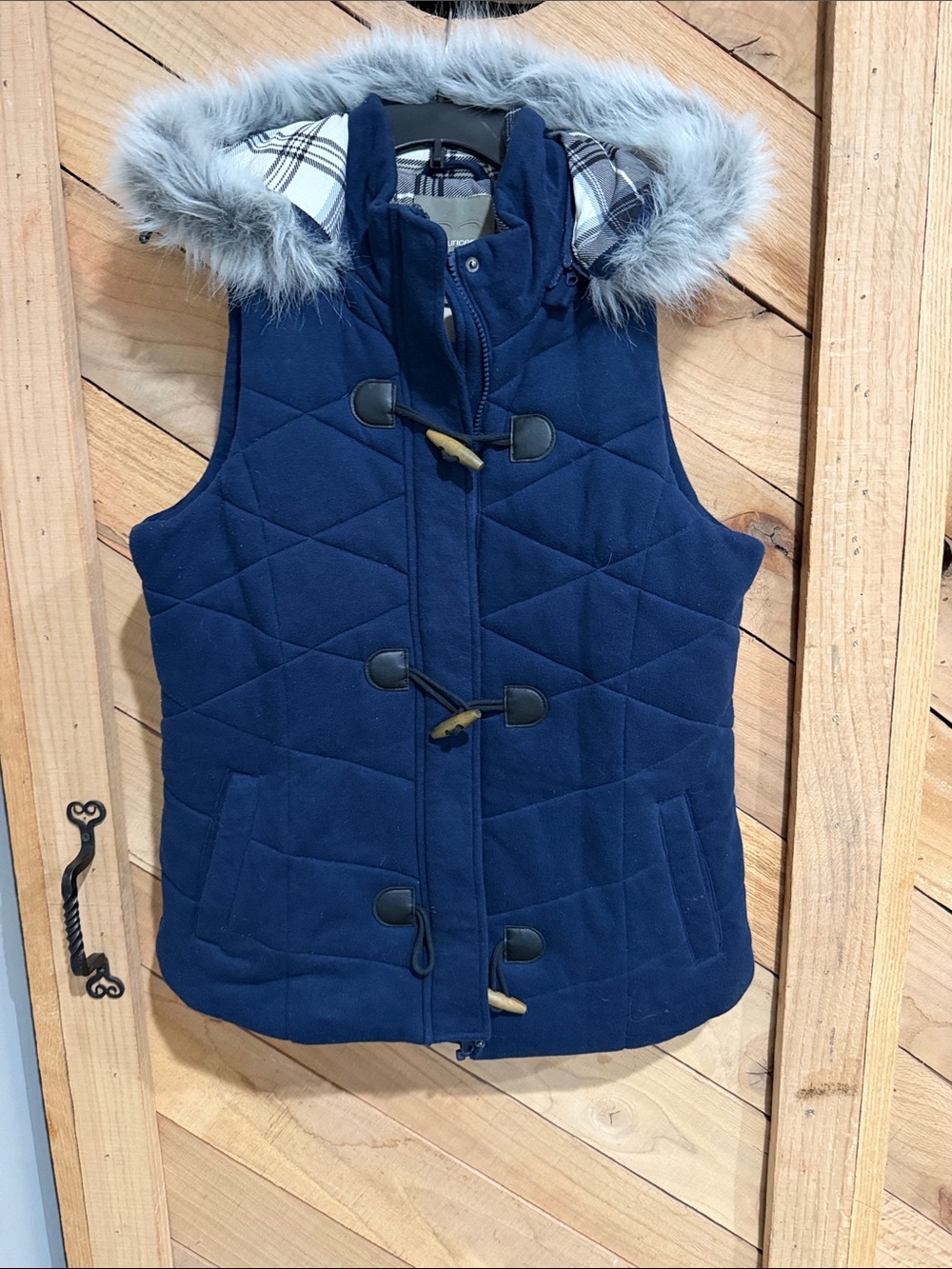 Maurices Navy Quilted Vest with Faux Fur Hood Trim